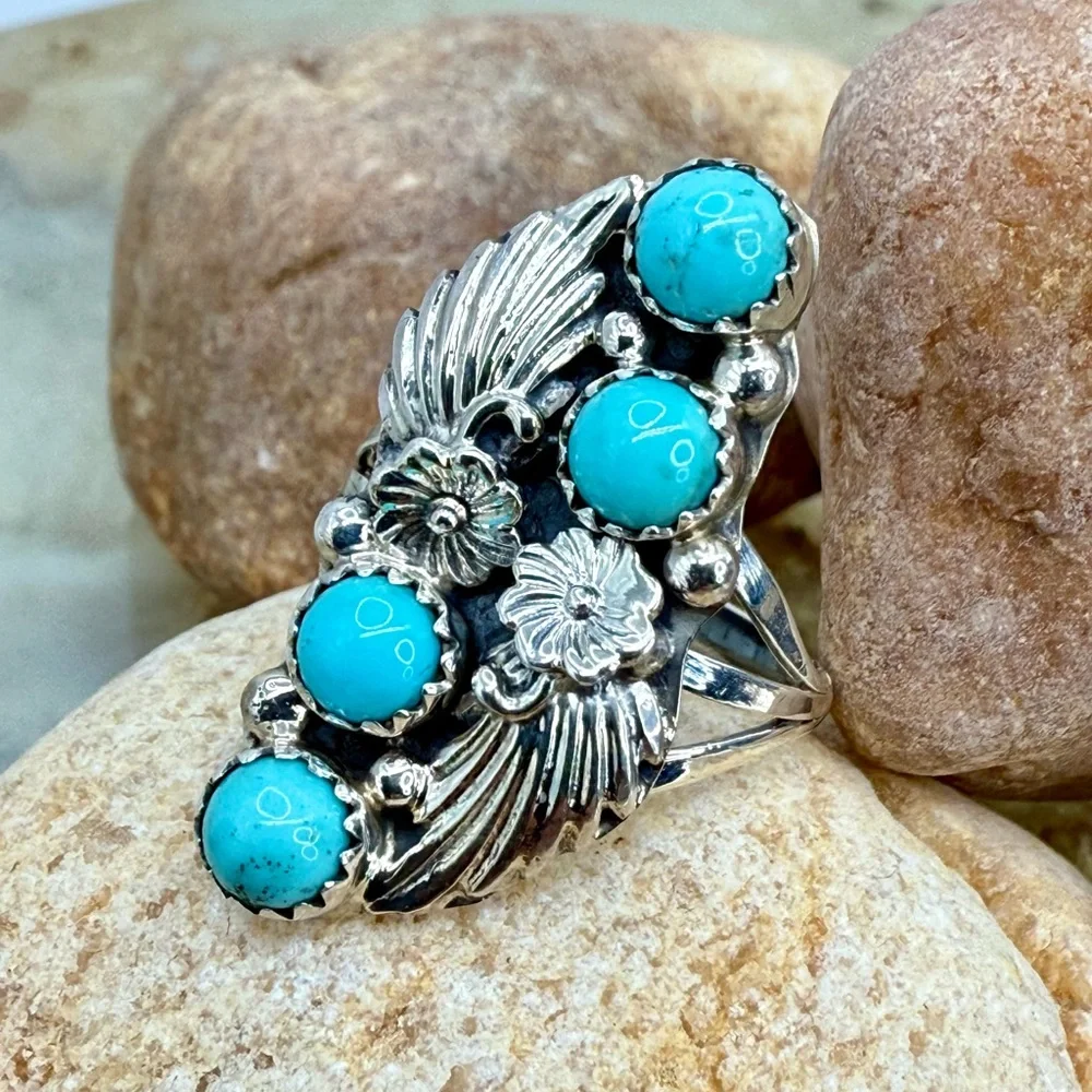 Native American 925 Turquoise Floral & Leaf Ring by Harris Largo – 5.47g